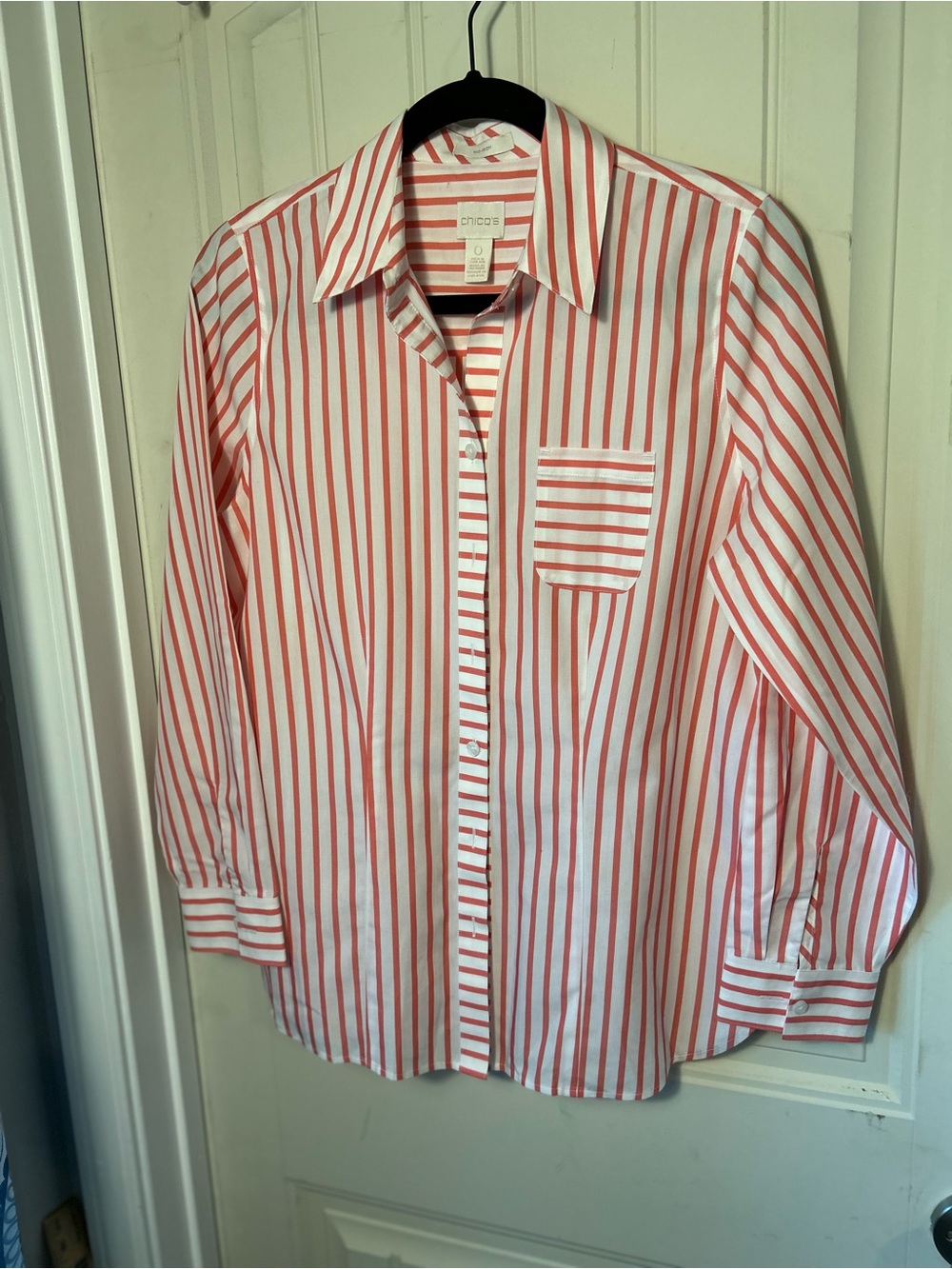 Chico's Coral and White Vertical Stripe Button-Down Shirt